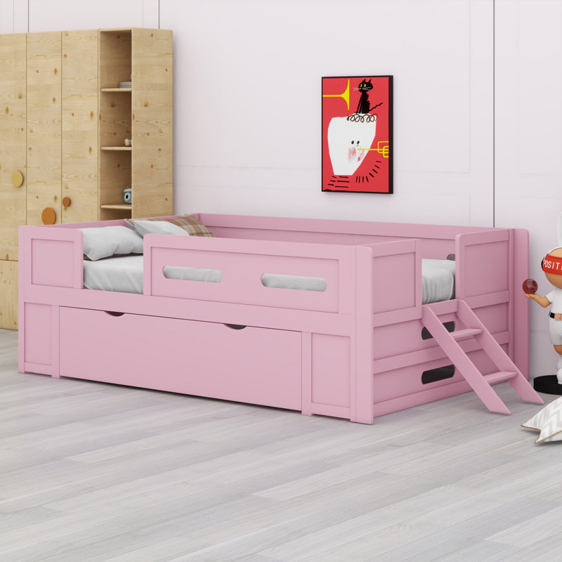 Durable Wood Platform Bed with Guardrail and Storage Drawer, Rose