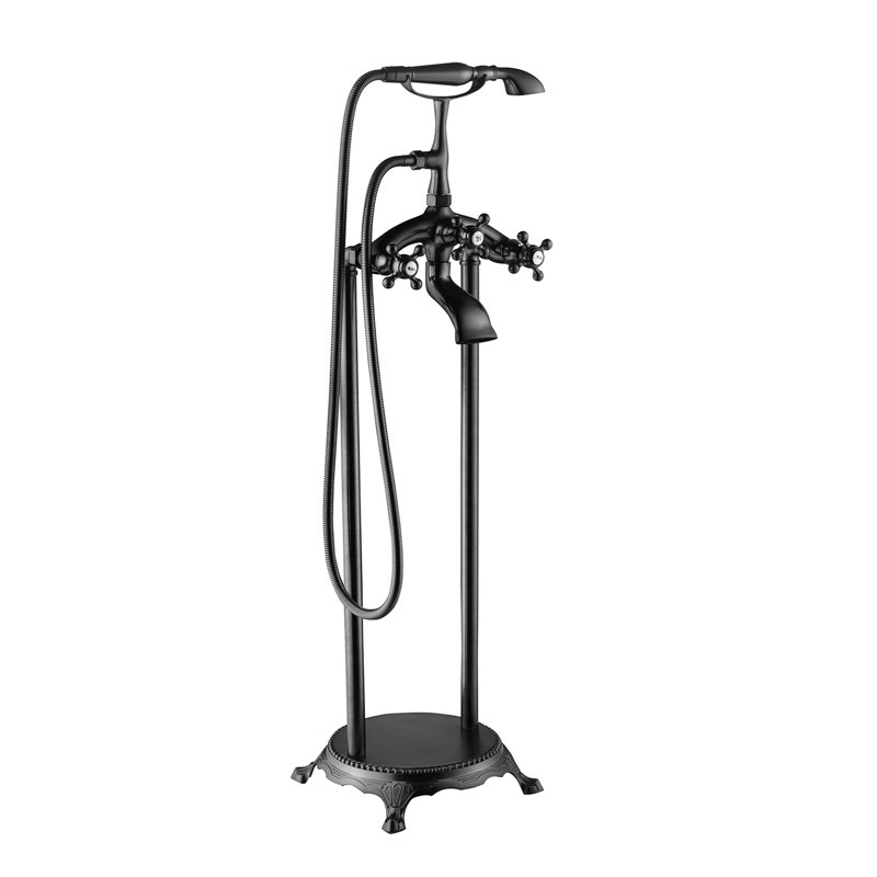 Robinet de baignoire à fixation au sol à triple poignée avec douchette, Noir