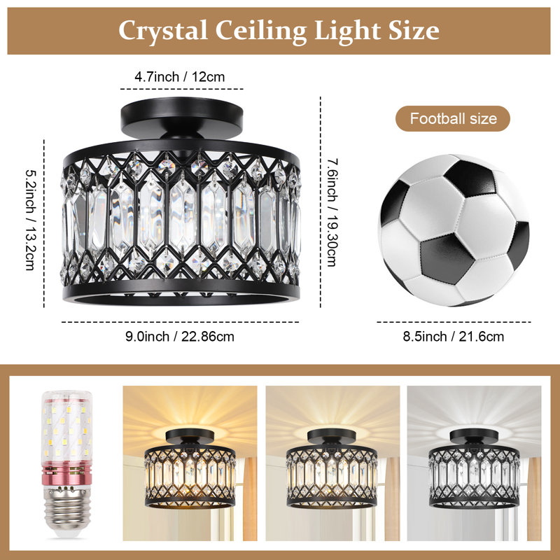 Modern Black Metal Flush Mount Ceiling Light with Crystal Shade - 3 Adjustable Color Temperatures (3000K-6500K)