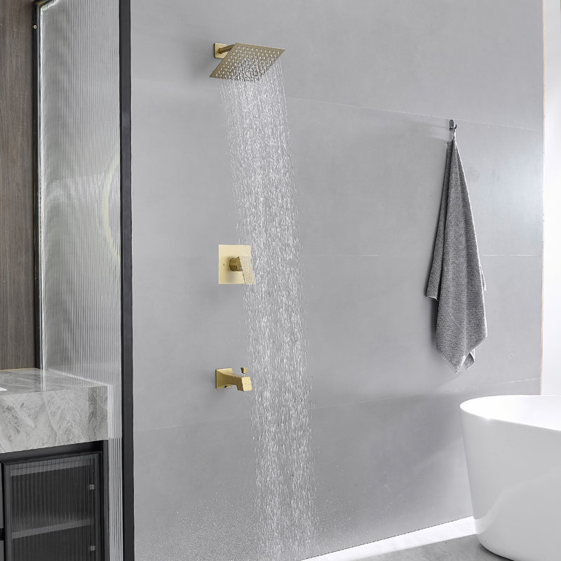 Single-Handle 2-Spray Rainfall  Shower Faucet 2.5 GPM With High Pressure Tub Spout In Brushed Gold (Valve Included)
