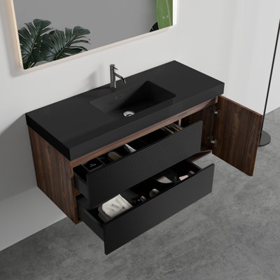 Meuble-lavabo de 48 po en noyer Grace avec lavabo en quartz noir mat et tiroirs noirs et une porte, meuble-lavabo mural flottant pour salle de bain moderne, lavabo noir mat, pré-assemblé