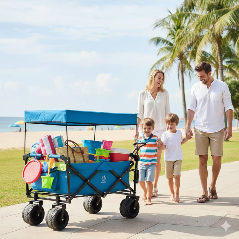 Chariot pliable avec roues, auvent et frein - capacité de 140 l - bleu et vert, Vert