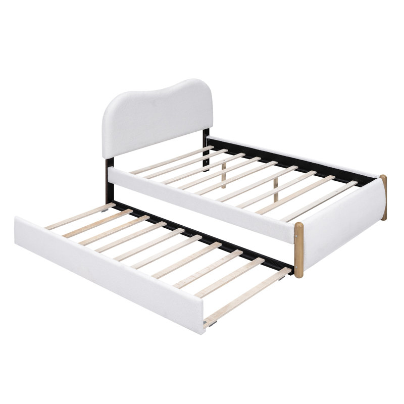 Lit plateforme double tapissier double avec lit gigogne simple, tête de lit en molleton berbère blanc et structure en bois massif