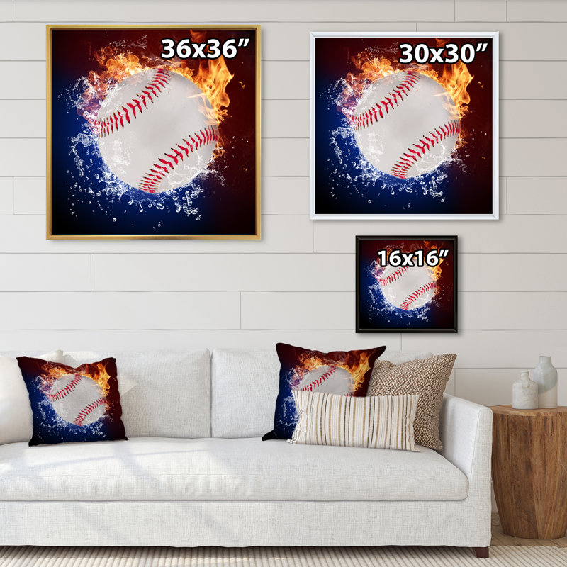 Baseball Ball In Fire Flames - on, H 30 po x l 30 po x P 1 po, Toile encadrée flottée blanche