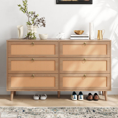 Modern Six-Drawer Double Dresser with Handwoven Rattan Fronts and Ample Storage Capacity for Bedroom Organization and Home Decor by Dakota Fields