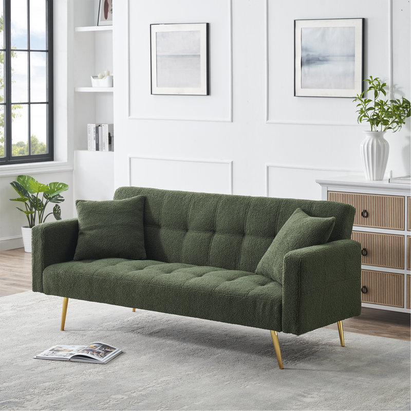 71.7 - Inch Green Teddy Fleece Sofa Bed, Accompanied By Two Charming Throw Pillows, Green