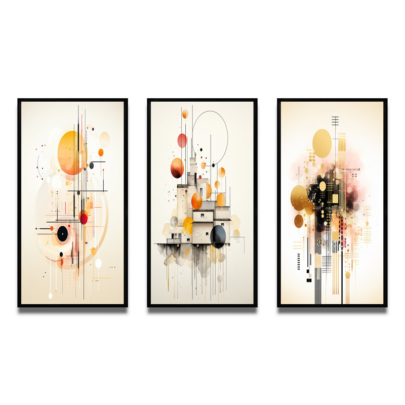«Pink Elegant Geometric Shapes», 3 pièces sur toile, Cadre flottant noir, H 20 po x l 36 po