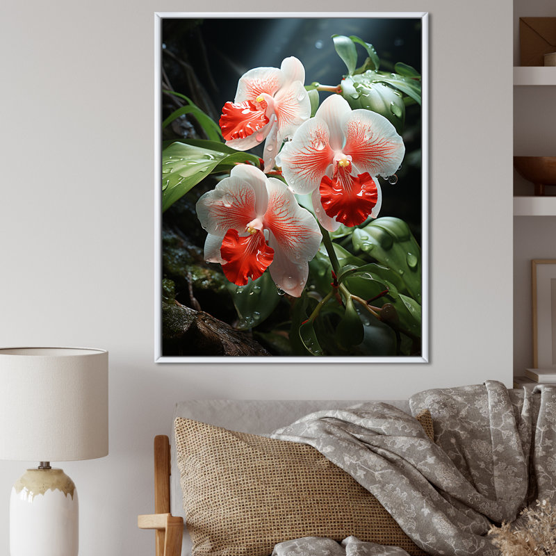 Corail tranquille et orchidées blanches - orchidées murales, Cadre simple blanc, H 40 po x l 30 po x P 1,5 po