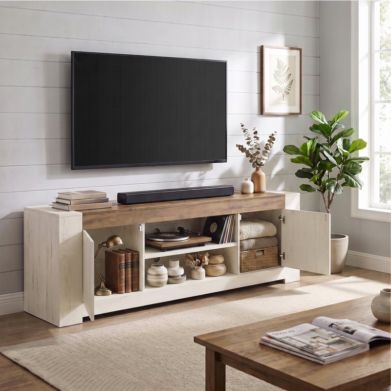 Tv Stand For Tvs Up To 75" With Storage Cabinets, Farmhouse Entertainment Center, 24.1"H x 70.5"L x 16.2"W, White/Brown