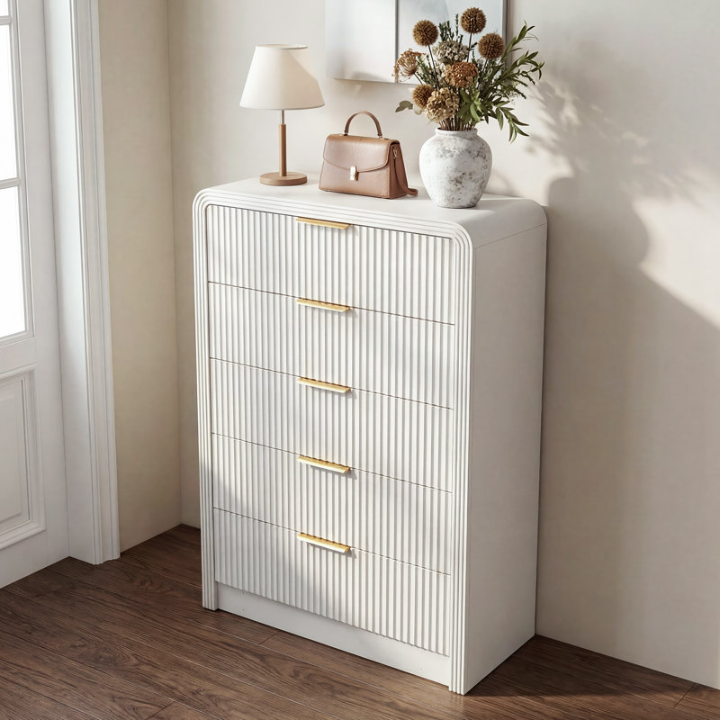 5-Drawer Fluted Dresser, 48'' H Modern Chest With Rounded Edges And Metal Handles, White, White