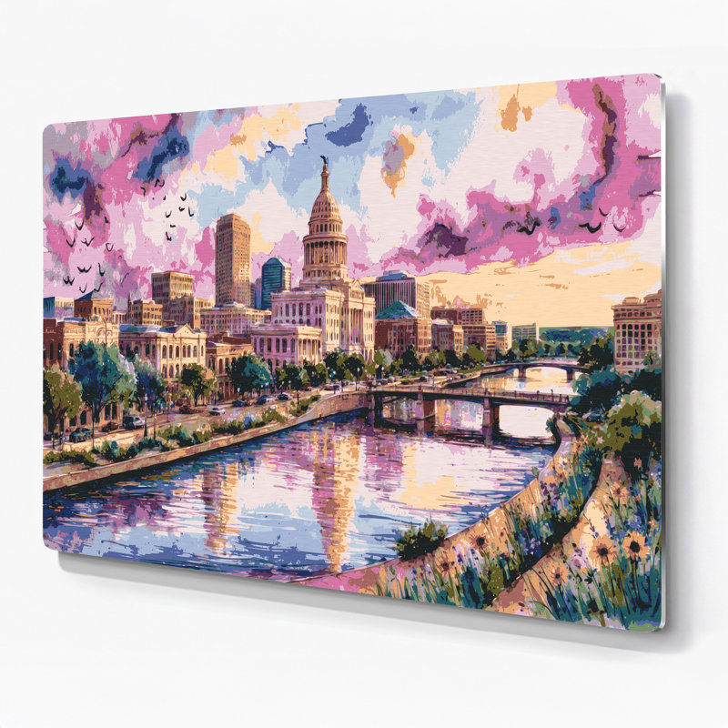 Art mural beige en métal avec cités «City Austin», H 144 po x l 216 po x P 0,05 po