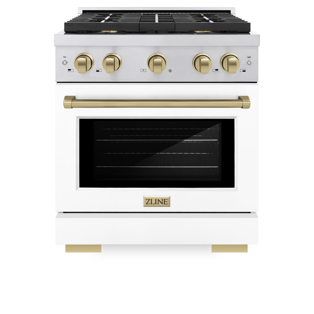 ZLINE Autograph Edition 30 in. 4.2 cu. ft. Paramount Dual Fuel Range W/ 4 Burner Gas Cooktop & Electric Convection Oven in Stainless Steel W/ White Matte Door & Champagne Bronze Accents (SDRZ-WM-30-CB) ZLINE