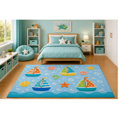 "Ultra léger" 5 pi x 7 pi voilier motif coquillage pour chambre d'enfant chambre de bébé salle de jeux scandinave minimaliste côtier océan plage décor antidérapant en silicone envers à poils courts