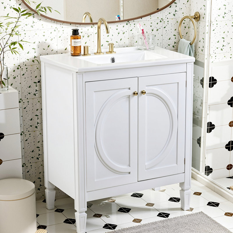 Meuble-lavabo blanc moderne de 30 po avec lavabo en céramique, grande capacité de rangement, tablette réglable, lavabo imperméable sans assemblage requis en blanc, avec deux portes, un tiroir et un basculement