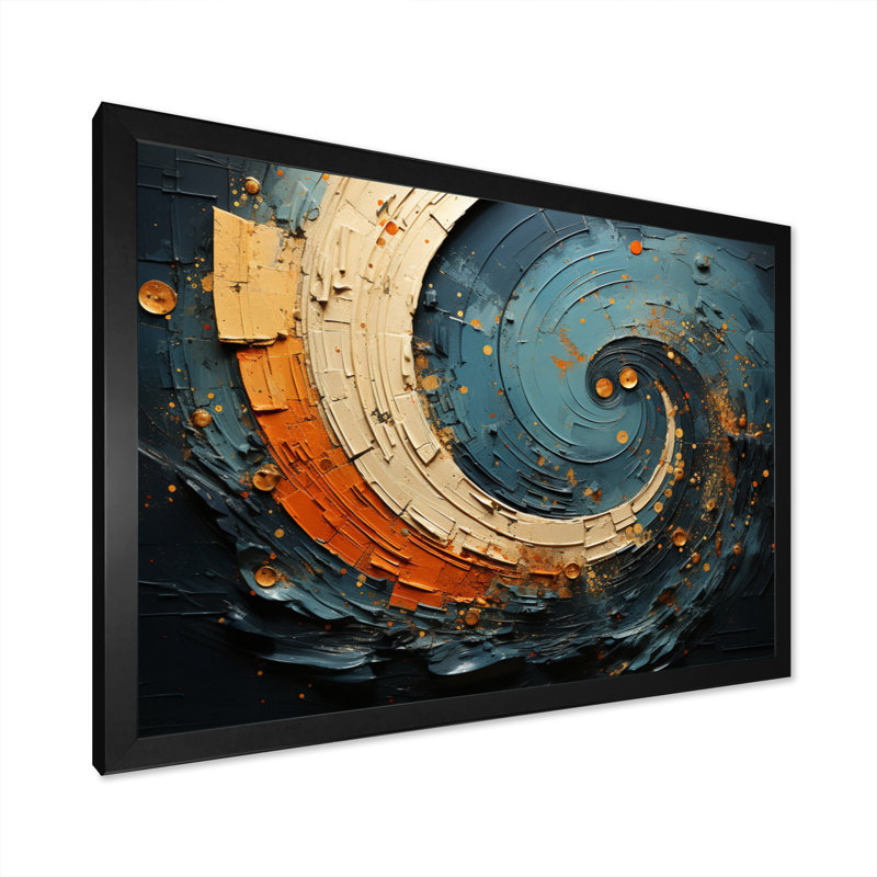Orange bleu sarcelle abstrait, spirales II, Cadre simple noir, H 34 po x l 44 po x P 1,5 po