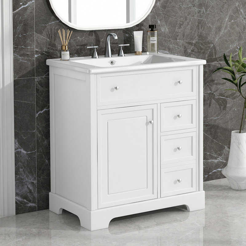 Meuble-lavabo 30 po avec comptoir d'évier, meuble-lavabo avec porte et deux tiroirs, planches en MDF, bois massif, un paquet, blanc