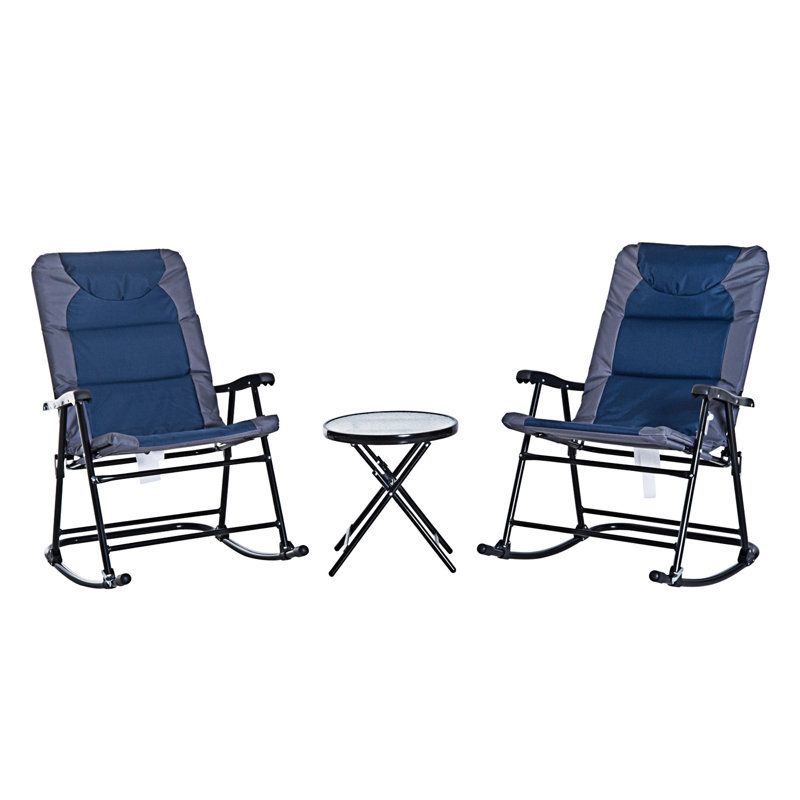 Ensemble de mobilier d'extérieur 3 pièces avec table basse en verre et 2 chaises berçantes pliantes et rembourrées