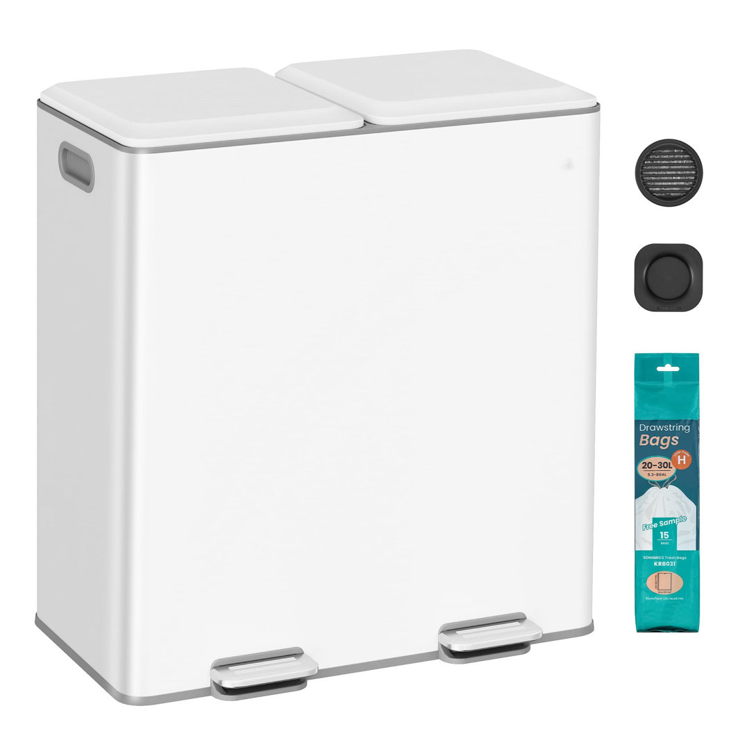 Kitchen Bin,  Double Rubbish Bin For Waste And Recycling, With Soft-Close Lids, Removable Inner Buckets, Pedals, Stee