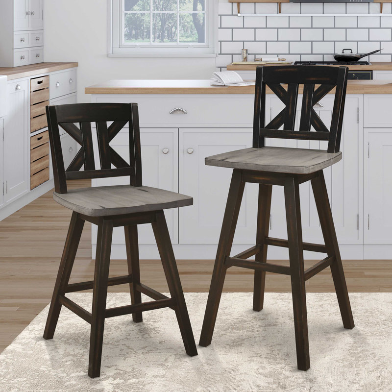 Pub Height Chairs Set Of 2, Distressed And 360-Degree Swivel Chair Solid Rubberwood Furniture,  X-Back Bar Chairs, Black