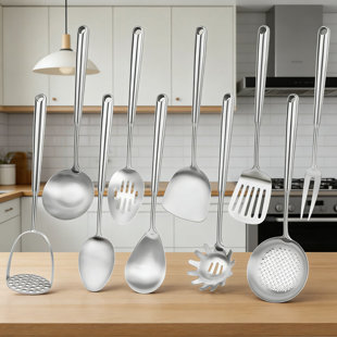 10-Piece Stainless Steel Kitchen Utensil Set, 18/10 Food-Grade Metal Cooking Tools Set With Spoon, Spatula, Ladle, Turner, Skimmer, And Pasta Server For Wok And Everyday Cooking