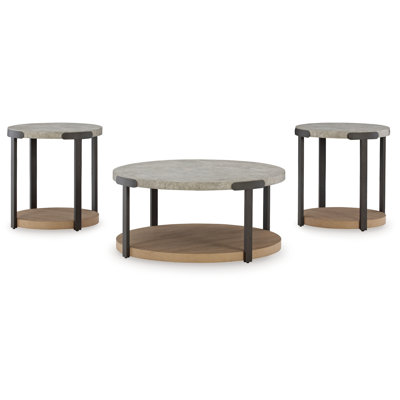 Hein 3Pc Coffee N End Table Set, Gray Round Top W Shelf And Wheels by Benjara