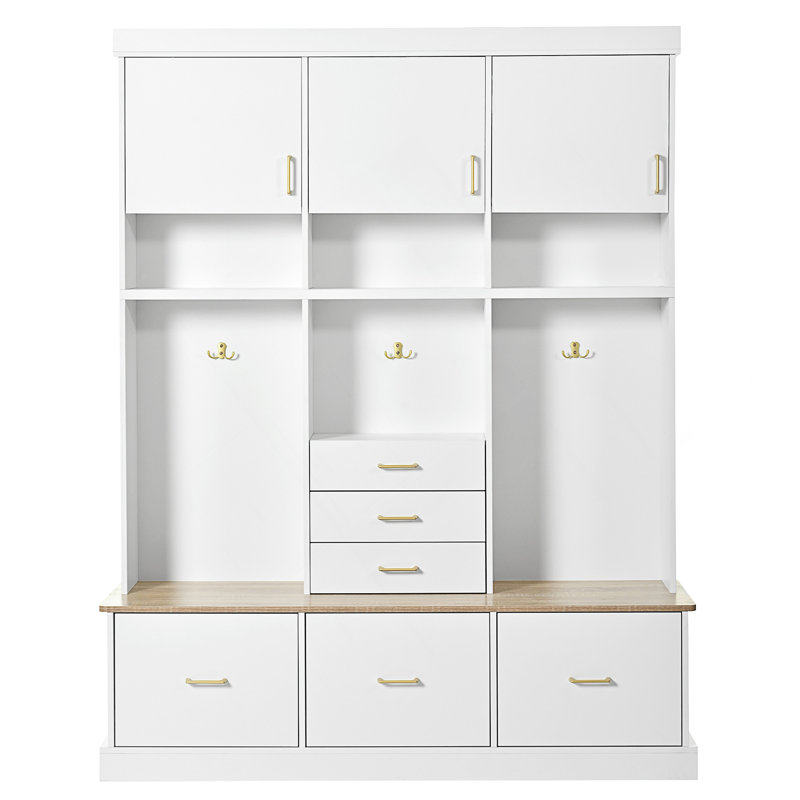 75'' H Entryway Hall Tree with Bench and Storage, 5-in-1 Modern Hall Tree with Coat Rack, 6 Drawers, 3 Cabinets and 3-Tier Top Storage for Hallway, Entryway, Living Room, Mudroom