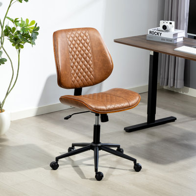 Mid-Century Modern Bentwood Ergonomic Task Chair, Adjustable Height Swivel Desk Chair with Diamond Quilted Faux Leather Seat & Back, Rolling Black Metal Five-Point Base for Home Office Workspace