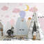 Papier peint amovible avec étoiles, nuages roses, montgolfières, croissant de lune, montagnes colorées enneigées-99178881