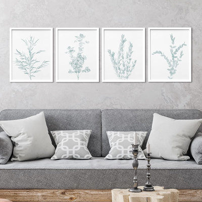 Art mural encadré minimaliste botanique vert sarcelle, ensemble de 4 impressions de nature sauvage, décoration murale botanique floral pour le salon, impression encadrée de chambre à coucher 4 pièces