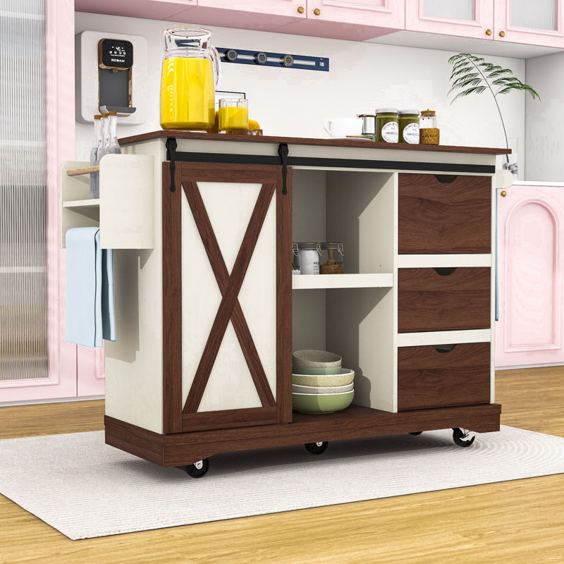 Rolling Kitchen Island with Drop Leaf, 3 Drawers, Sliding Barn Door and Adjustable Shelves, White