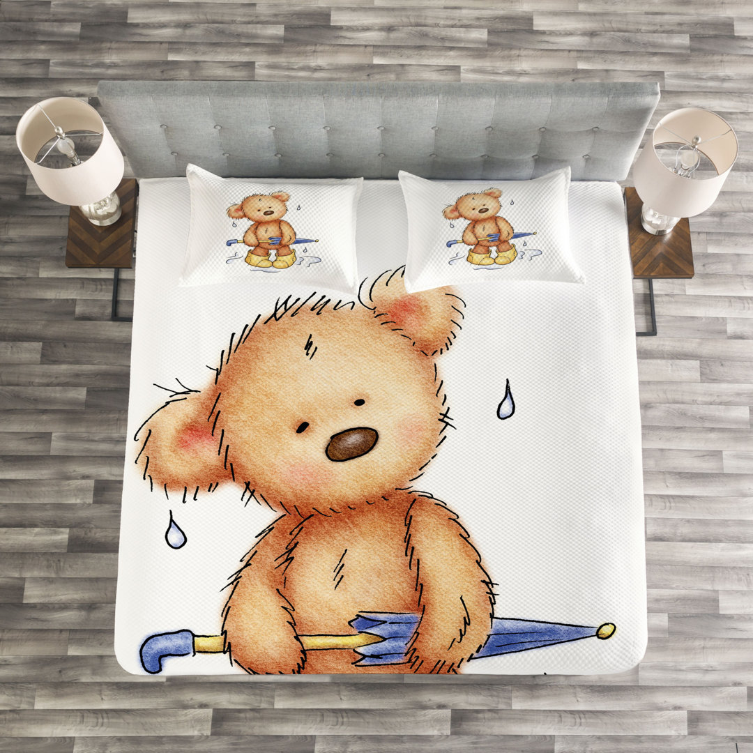 Gestepptes Bettdecken-Set, Teddybär-Regen-Regenschirm, Bär, Braun Gelb Blau Sand