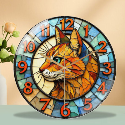 Stained Glass Decorative Cat Clock Wall Art Art - 12'' Modern Glass Wall Clock