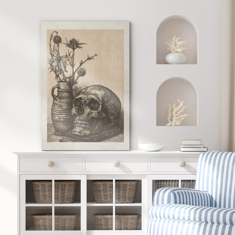 Moody crâne Moody gothique foncé crâne floral fleurs vase illustrations art moderne rustique, Toile tendue, H 18 po x l 12 po