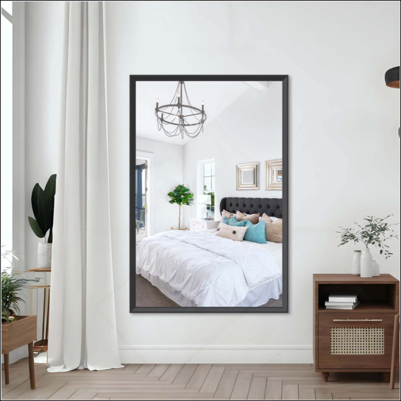  Miroir mural surdimensionné à cadre en aluminium, miroir pleine longueur rectangulaire argenté HD avec plateau de rangement amovible, miroir de montage vertical et horizontal pour studio de salle de bain