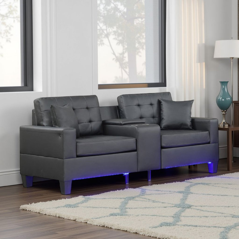 Canapé Iris avec DEL, ports USB, porte-gobelets, similicuir noir 85 po