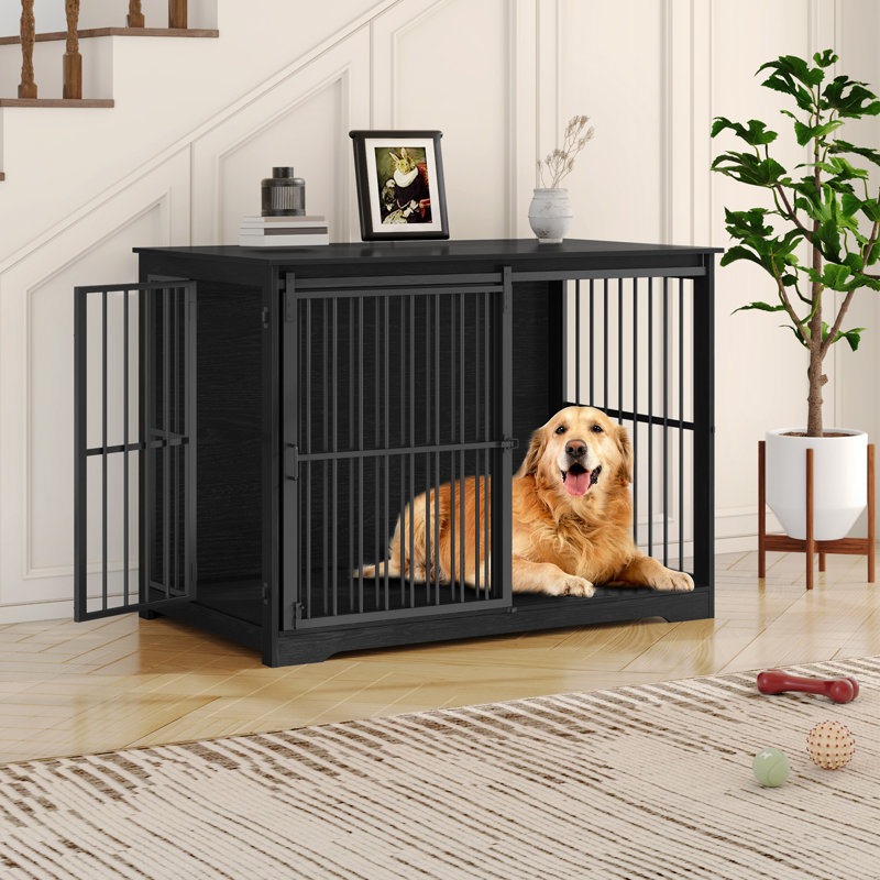 XL Large Dog Crate Furniture, Indoor Dog Kennel Furniture with Barn Door, Wooden Tall Dog Crate, Heavy Duty Dog Cage for Large Dogs, Side End Table, Anti-Chew
