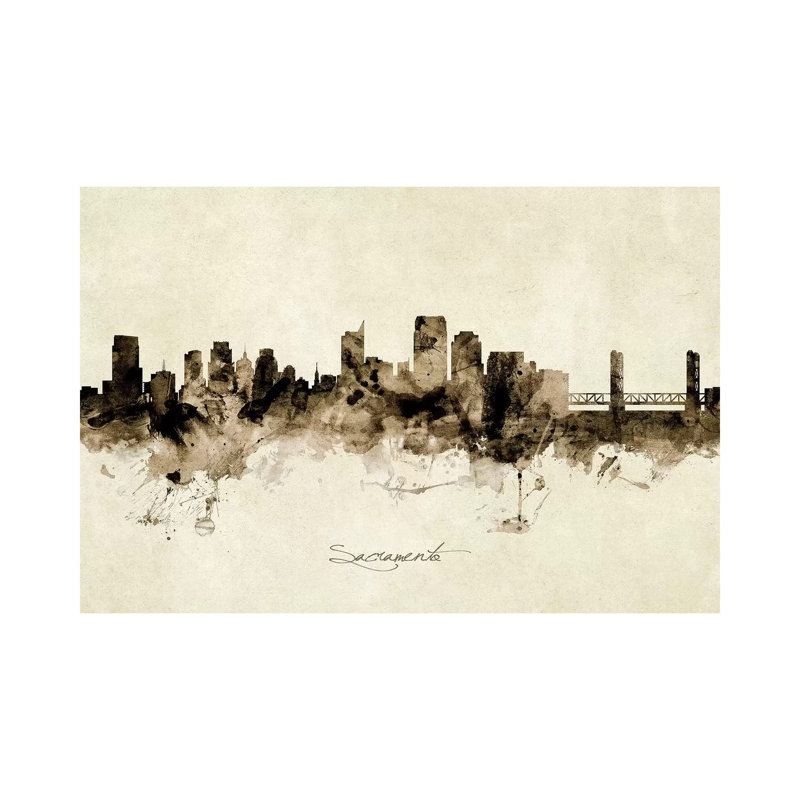 «Sacramento California Skyline» par Michael Tompsett - peinture sur toile tendue, H 26 po x l 40 po x 1,5 po