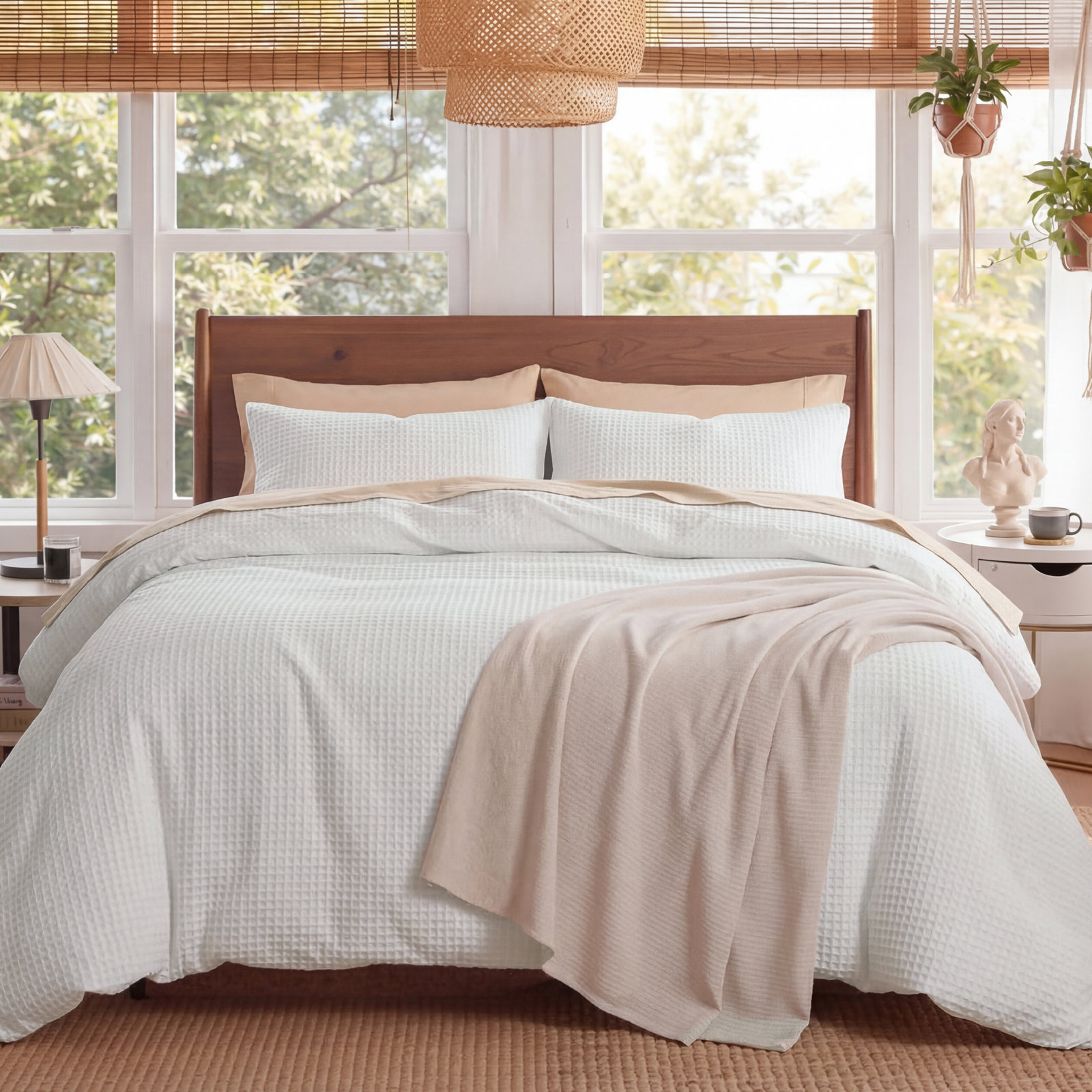 Bedsure Luxury Soft 100% Cotton Waffle Weave Plaid Duvet Cover, Coconut White, Twin Duvet Cover + 1 Standard Sham