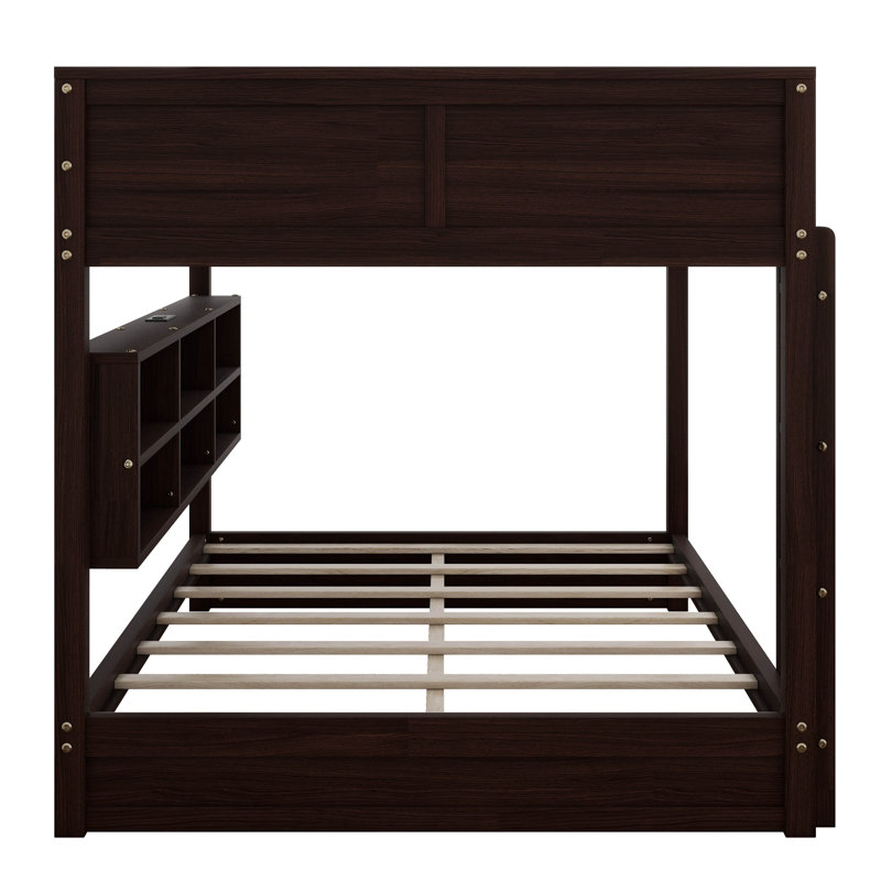 Queen Over Queen Bunk Bed With Storage Cabinets, Solid Wood Bunk Bed With Charging Station, Ladder And Safety Guardrails