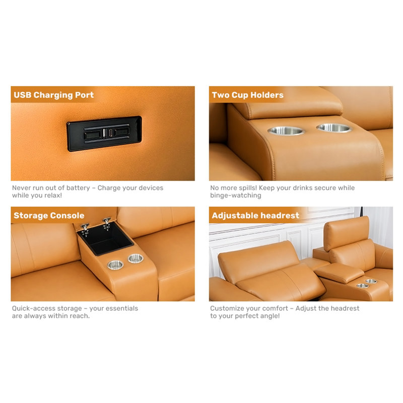 Canapé modulaire en cuir 6 pièces avec 2 porte-gobelets, Similicuir brun, H 40 po x l 38 po x P 37 po, Orienté à droite