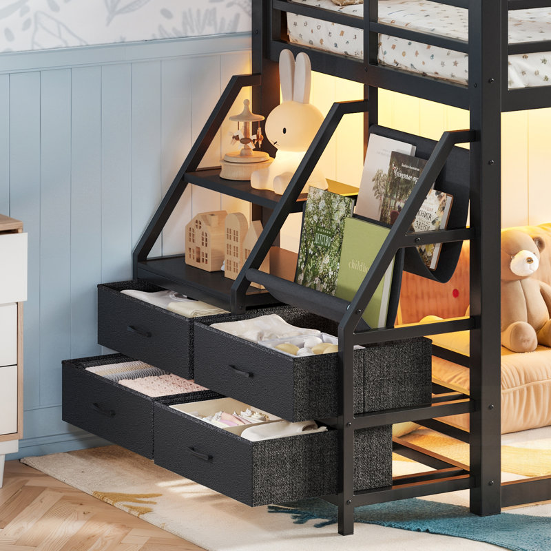 Lit superposé en métal avec tablettes de rangement, tiroirs et lumières DEL pour adolescents, aucun sommier nécessaire, Black