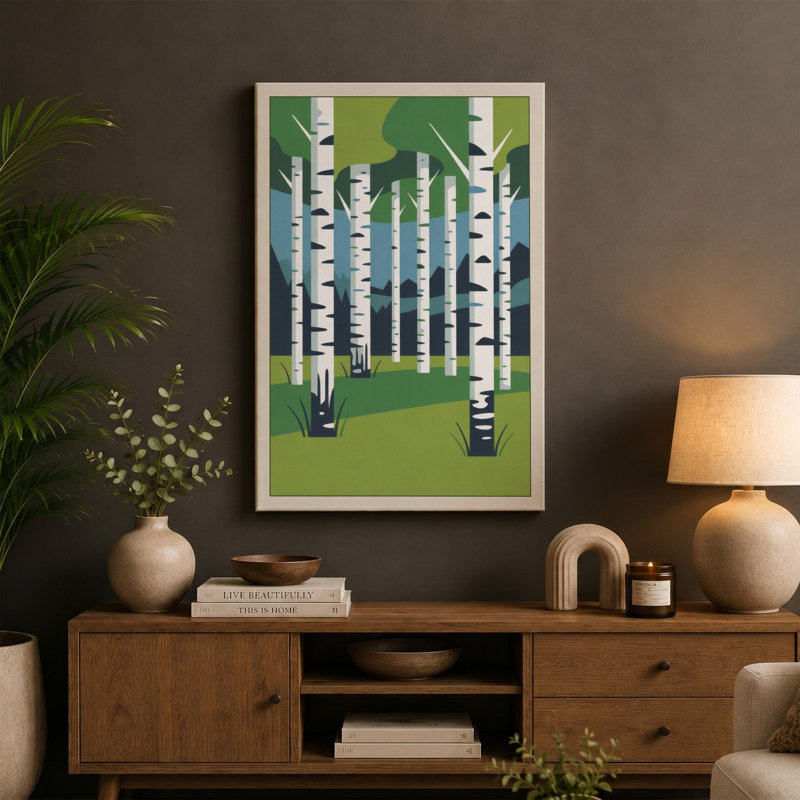 Birch Forest Mid-Century - Wrapped Canvas, 36x24 - 91.4 x 61.0 cm, Terracotta Border
