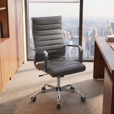 Mid Back Office Desk Chair, Conference Room Chairs with Wheels, Executive Leather Swivel Ribbed Height Adjustable  Rolling Chair.