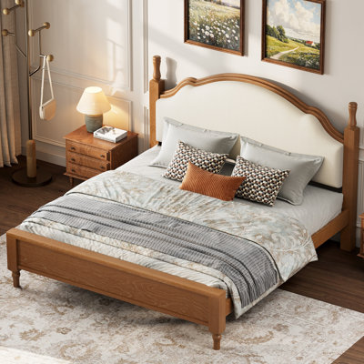 Lit plateforme très grand en bois avec tête de lit tapissier - lit de chambre à coucher moderne, structure brune et tissu beige