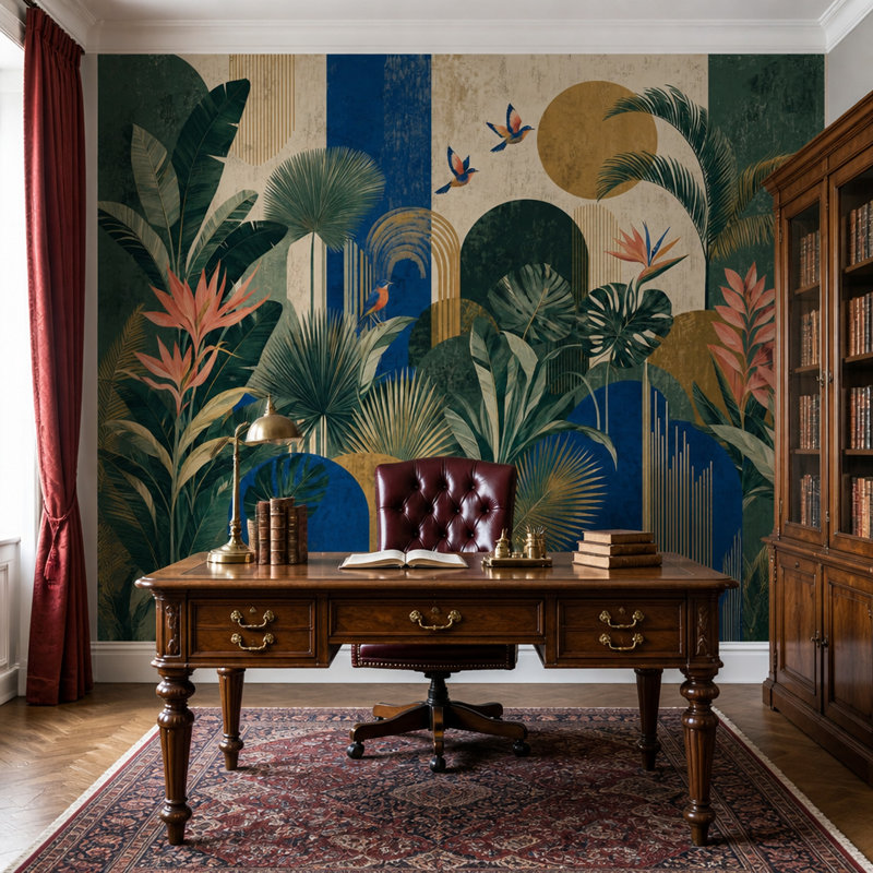 Fresque murale botanique tropicale Art Déco Jungle avec des oiseaux exotiques, 80"x96", Peel and Stick
