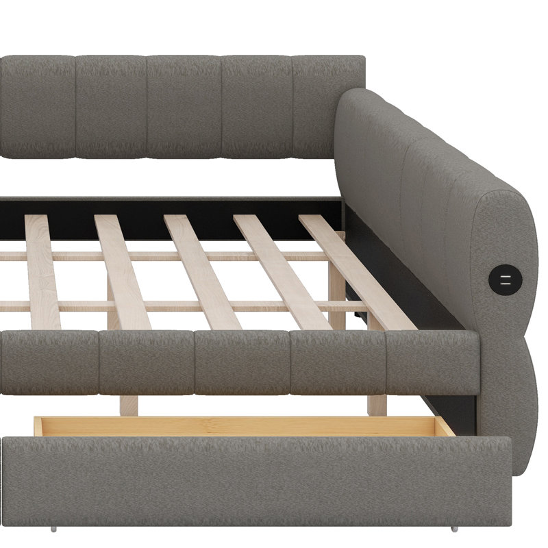 Lit plateforme Smart rembourré avec ports USB et tiroirs pratiques, Gray
