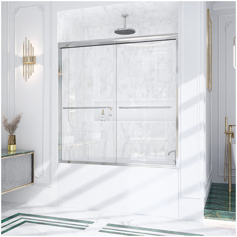 56"-60"W*60" H Semi-Frameless Double Sliding Shower Door, Bypass Shower Door, 1/4" (6mm) Thick SGCC Tempered Glass Door,Chrome