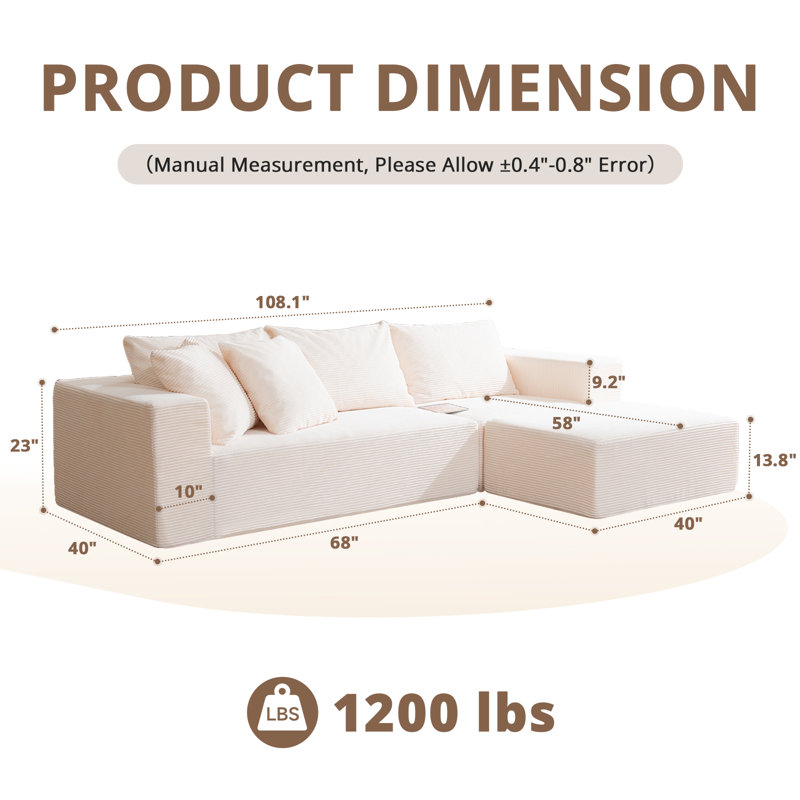 Canapé modulaire Boneless de 108 po avec méridienne en forme de L et sans assemblage requis, Velours côtelé beige