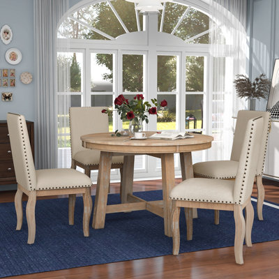 5-Piece Farmhouse Dining Table Set Wood Round Extendable Dining Table and 4 Upholstered Dining Chairs