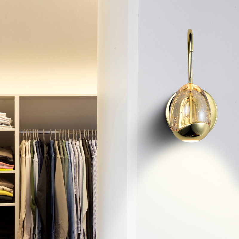 Venezia 5-in Integrated LED ETL Certified Teardrop Armed Wall Sconce Light with Glass Shade, Gold